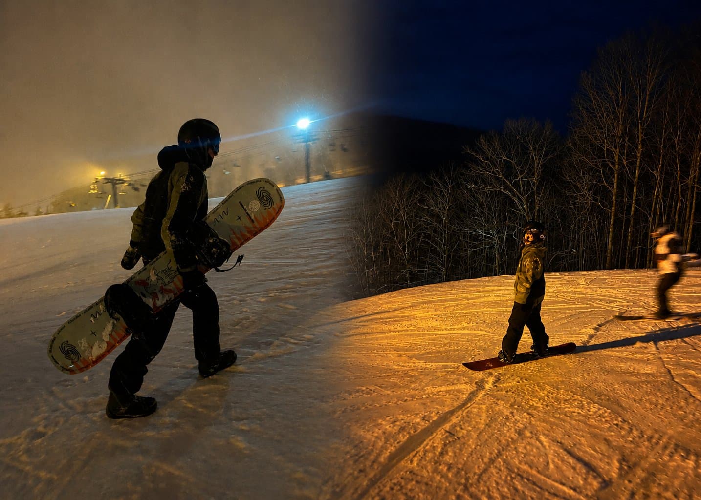 Night snowboarding session under the lights
